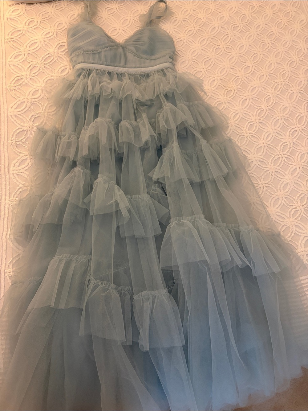 BCBGMaxAzria Dusty Blue Tulle Ruffle Maxi Dress
